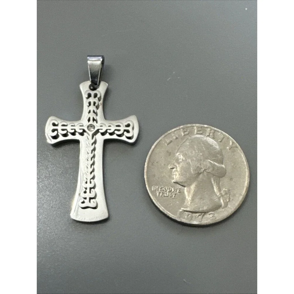 Cross Pendant Silver Tone Stainless Steel 24 Inch Box Chain Jesus Christ Unisex
